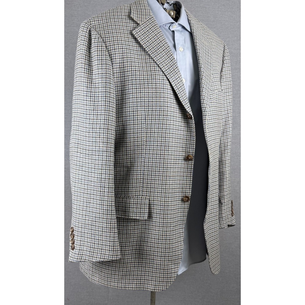 Polo Ralph Lauren Blue Label Silk Linen Wool Houndstooth Blazer 44R Blue Tan